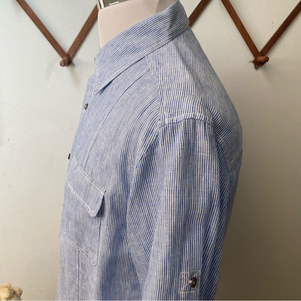 Elie Tahari Linen Pinstriped Button Up Shirt With Pockets - Picture 4 of 16
